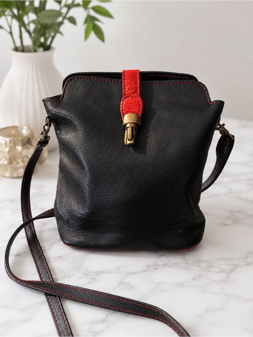 Black Leather Crossbody Bag with Red Accent Pelletteria Di Mario. Made in Italy